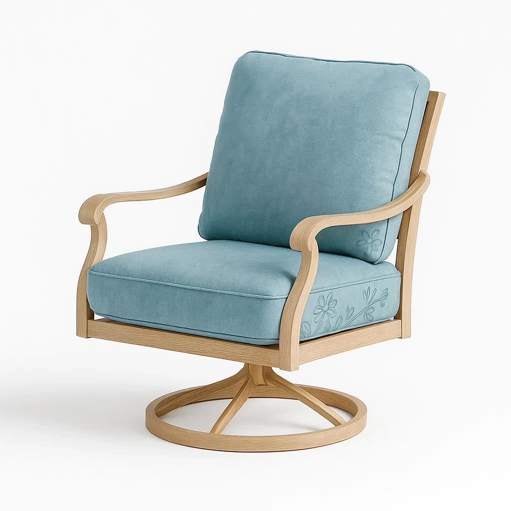 Poltrona girevole in tessuto azzurro con struttura in legno