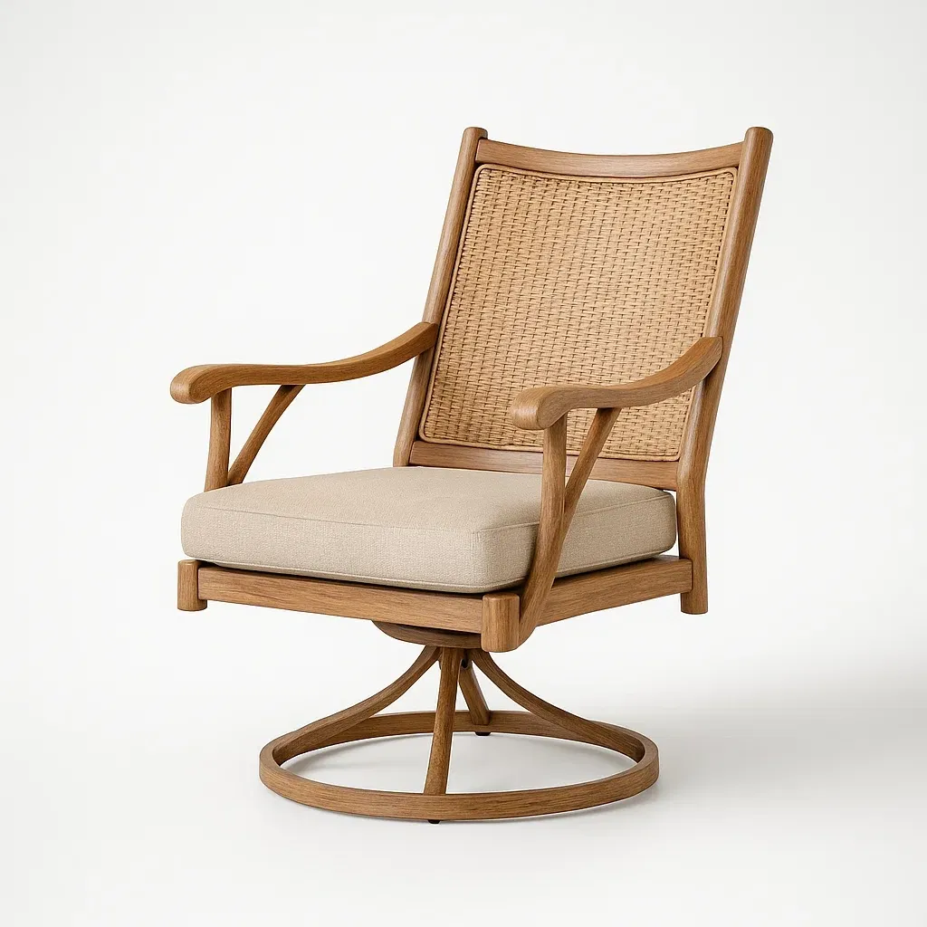 Poltrona girevole in legno e rattan con cuscino beige