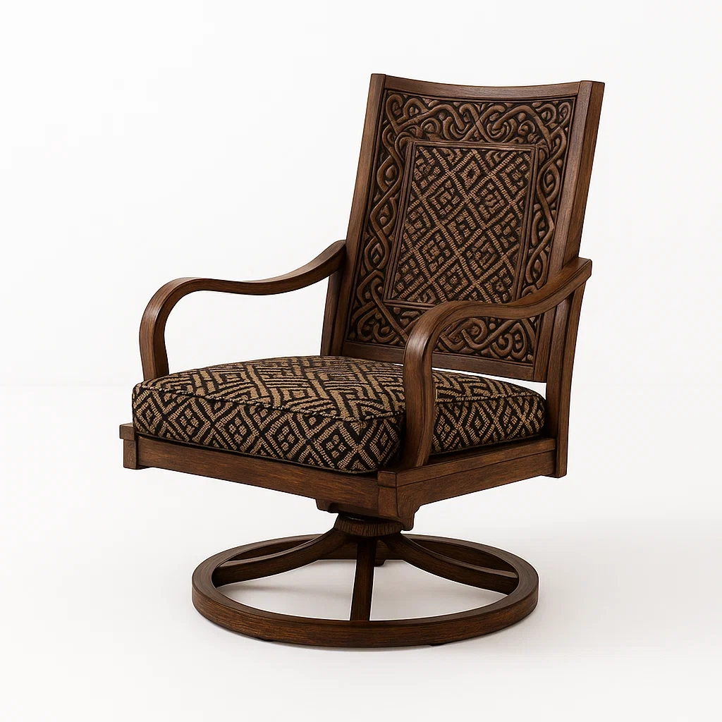 Poltrona girevole in legno marrone con tessuto geometrico