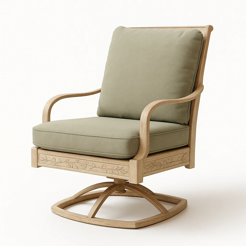 Poltrona girevole in legno con rivestimento in tessuto verde