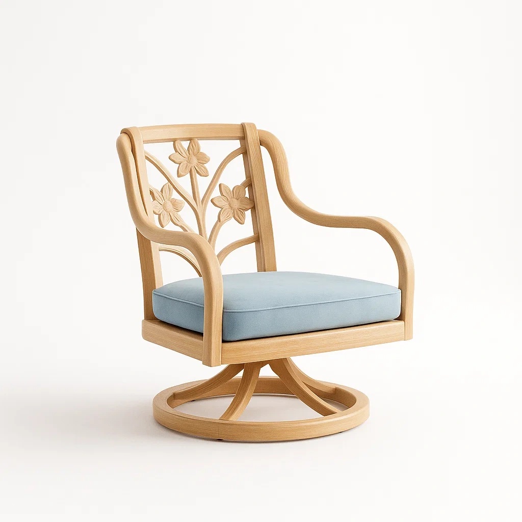 Poltrona girevole in legno con cuscino blu