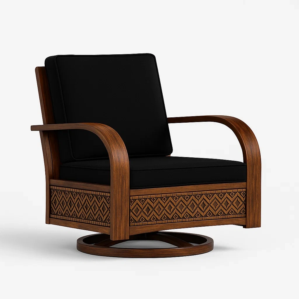 Poltrona girevole in legno e tessuto nero con intagli