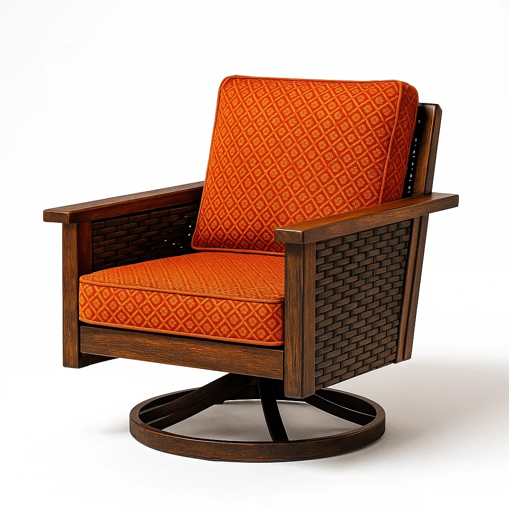 Poltrona girevole in legno con tessuto arancione
