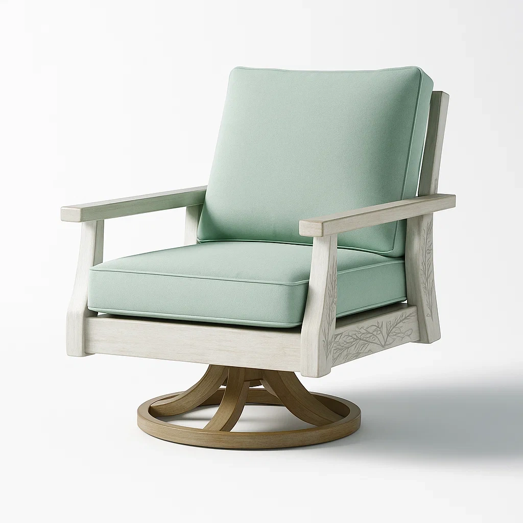 Poltrona girevole in legno con rivestimento in poliestere verde acqua