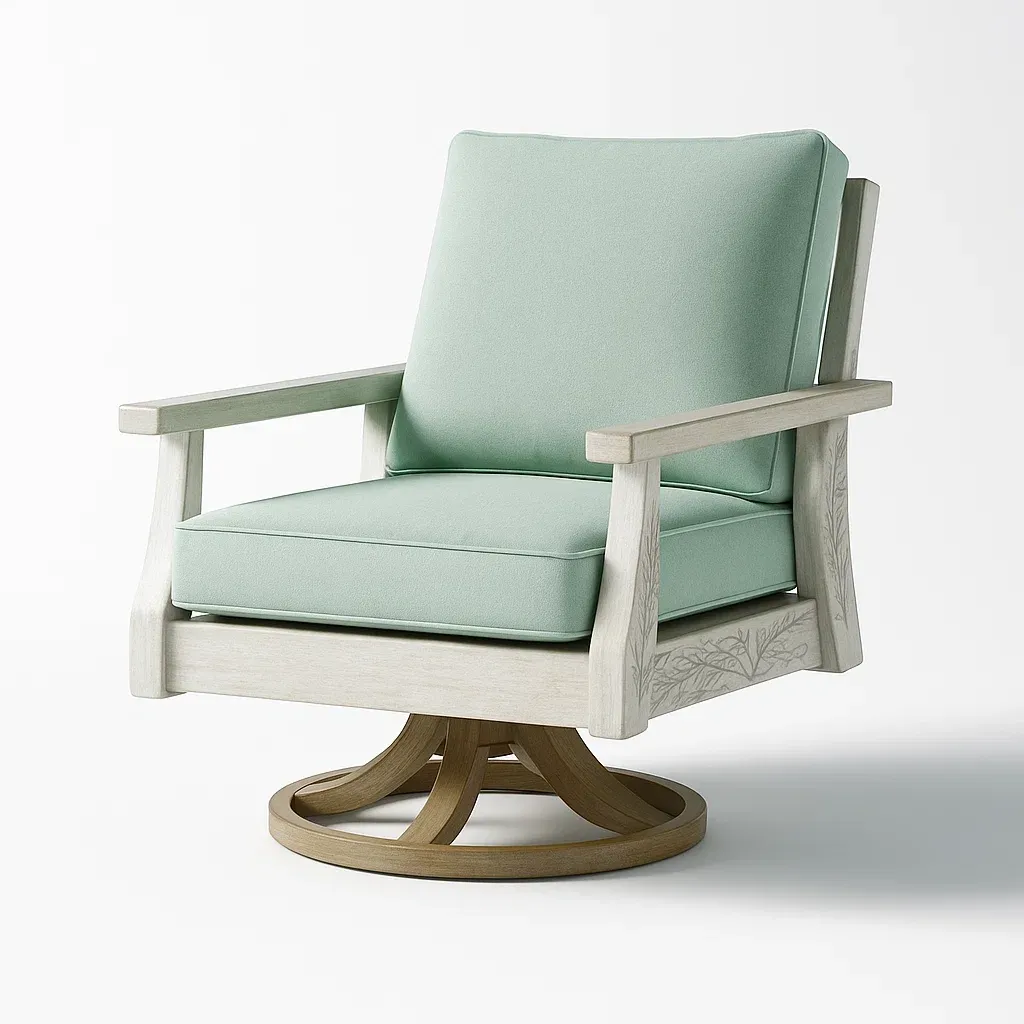 Poltrona girevole in legno con rivestimento in poliestere verde acqua