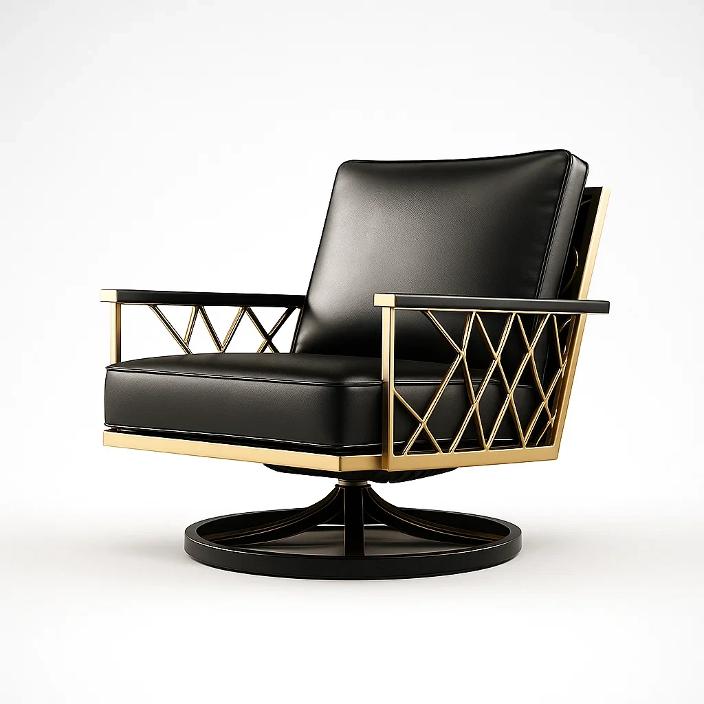 Poltrona girevole in pelle nera e metallo dorato