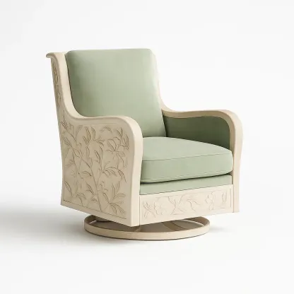 Poltrona girevole in legno con imbottitura in pelle verde chiaro