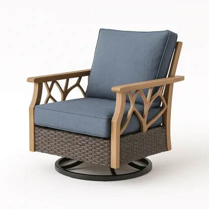 Poltrona girevole in rattan sintetico con cuscini blu