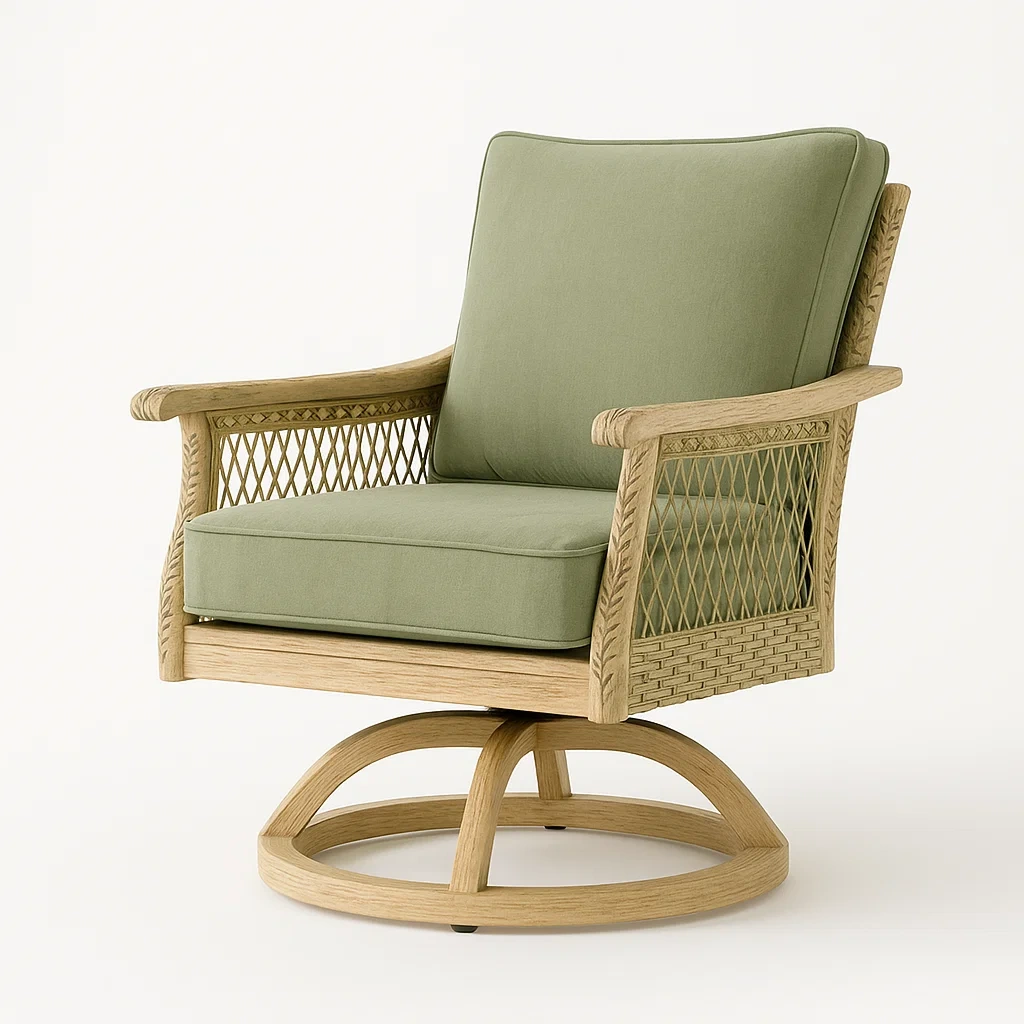 Poltrona girevole in rovere con rivestimento in cotone verde