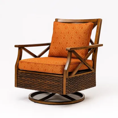 Poltrona girevole in legno e rattan con cuscini arancioni