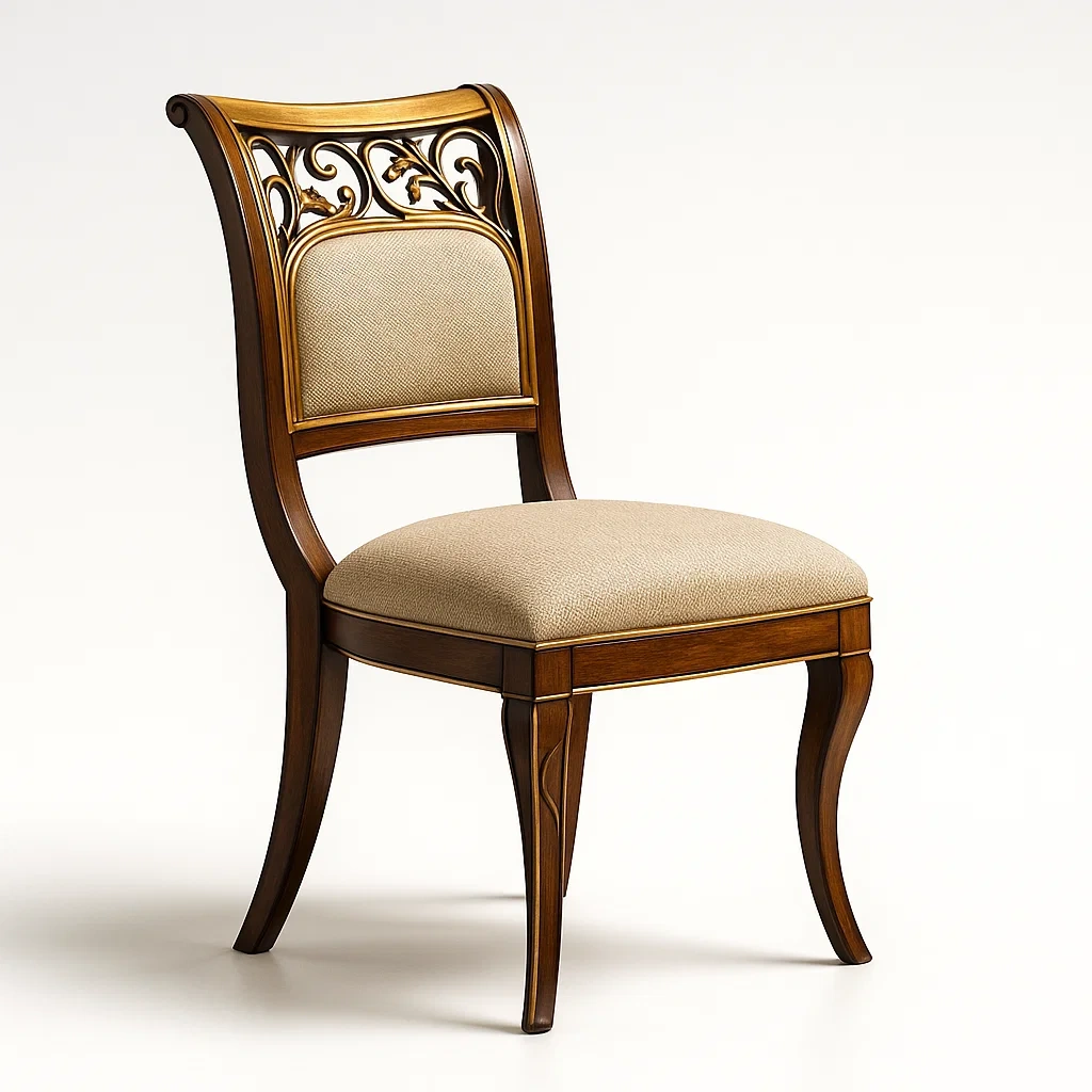 Sedia laterale in legno massello marrone con seduta in tessuto beige