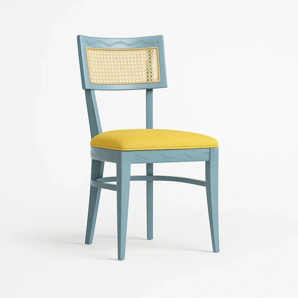 Sedia laterale in legno blu con seduta in tessuto giallo – 45×55×85 cm