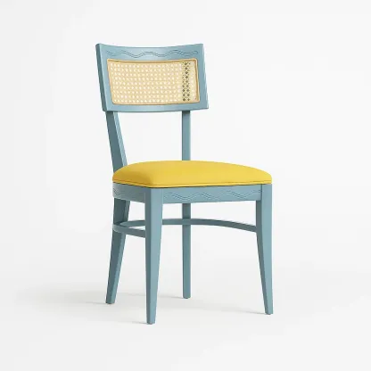 Sedia laterale in legno blu con seduta in tessuto giallo – 45×55×85 cm