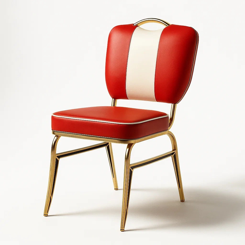 Sedia laterale in metallo dorato con rivestimento in poliuretano rosso e bianco