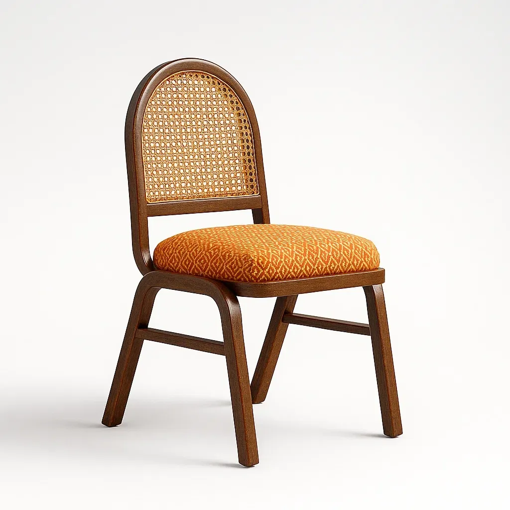 Sedia laterale in legno con seduta imbottita in tessuto arancione