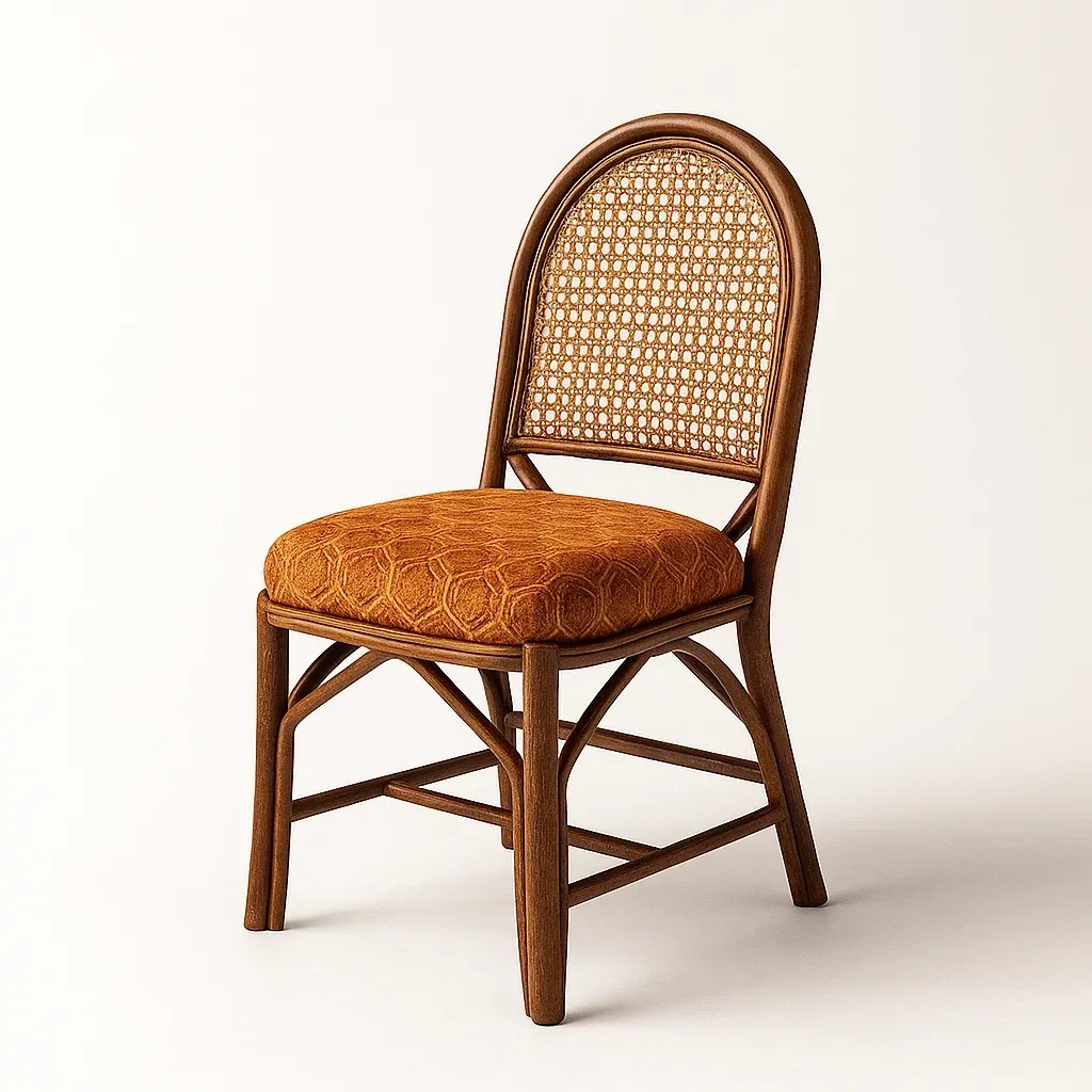 Sedia laterale in legno massello con seduta in tessuto arancione