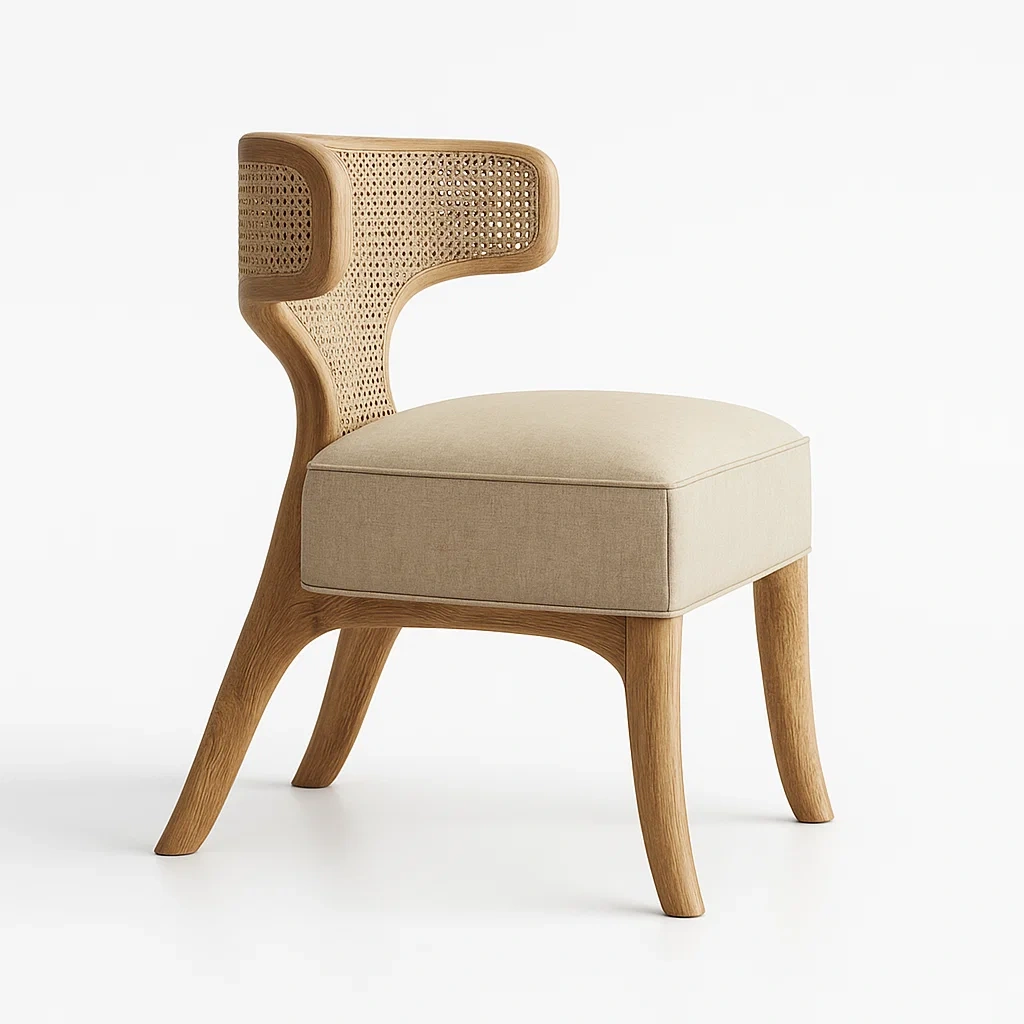 Sedia laterale in legno di quercia con sedile in lino beige e schienale in rattan