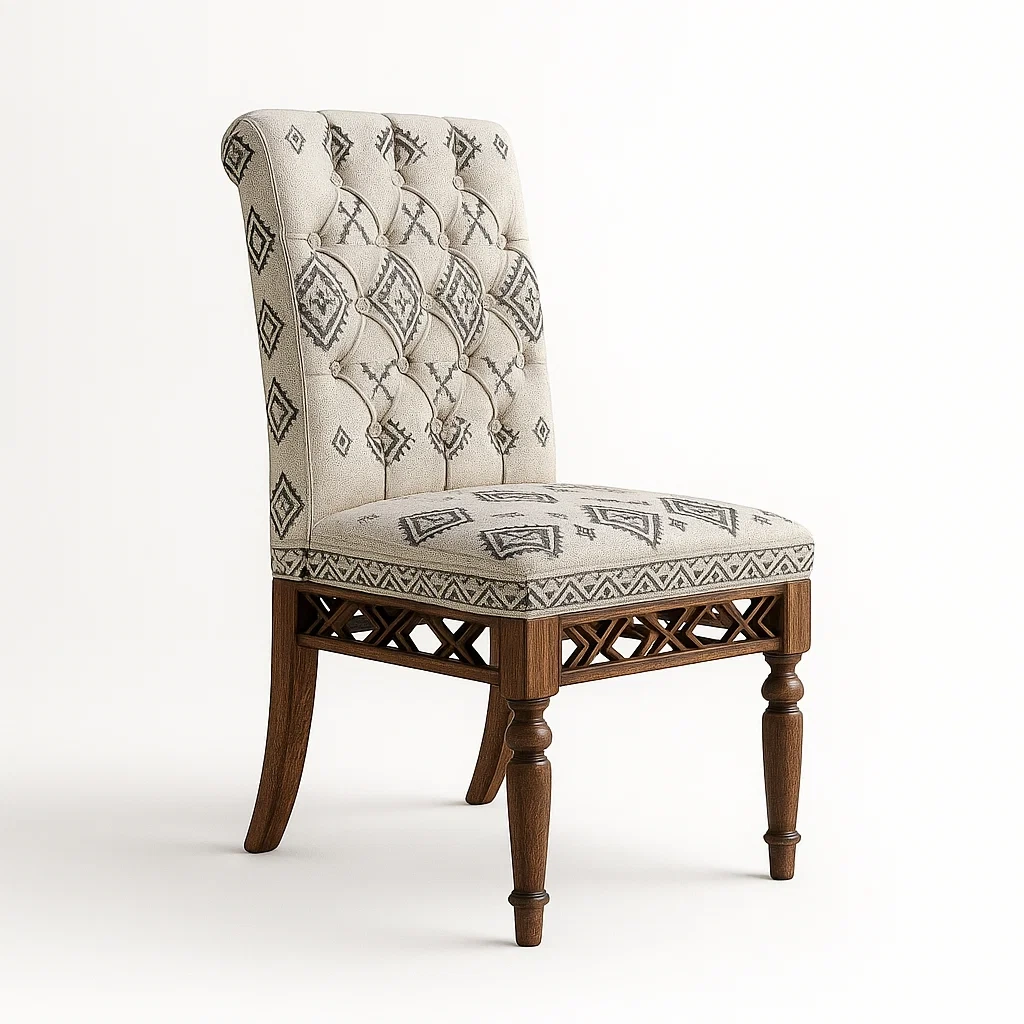 Sedia laterale in legno massello e tessuto di poliestere geometrico