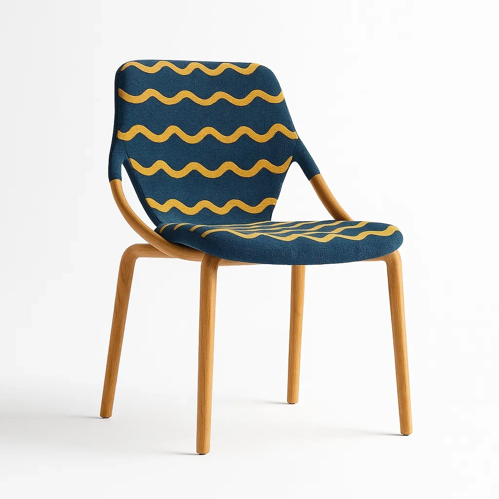 Sedia laterale in legno con rivestimento in tessuto ondulato blu e giallo