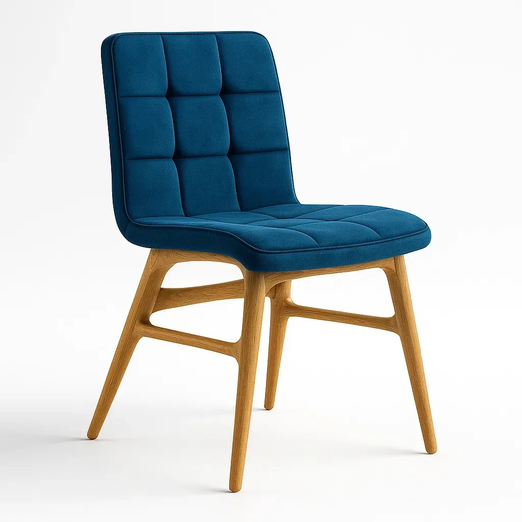 Sedia laterale in velluto blu con struttura in legno di rovere