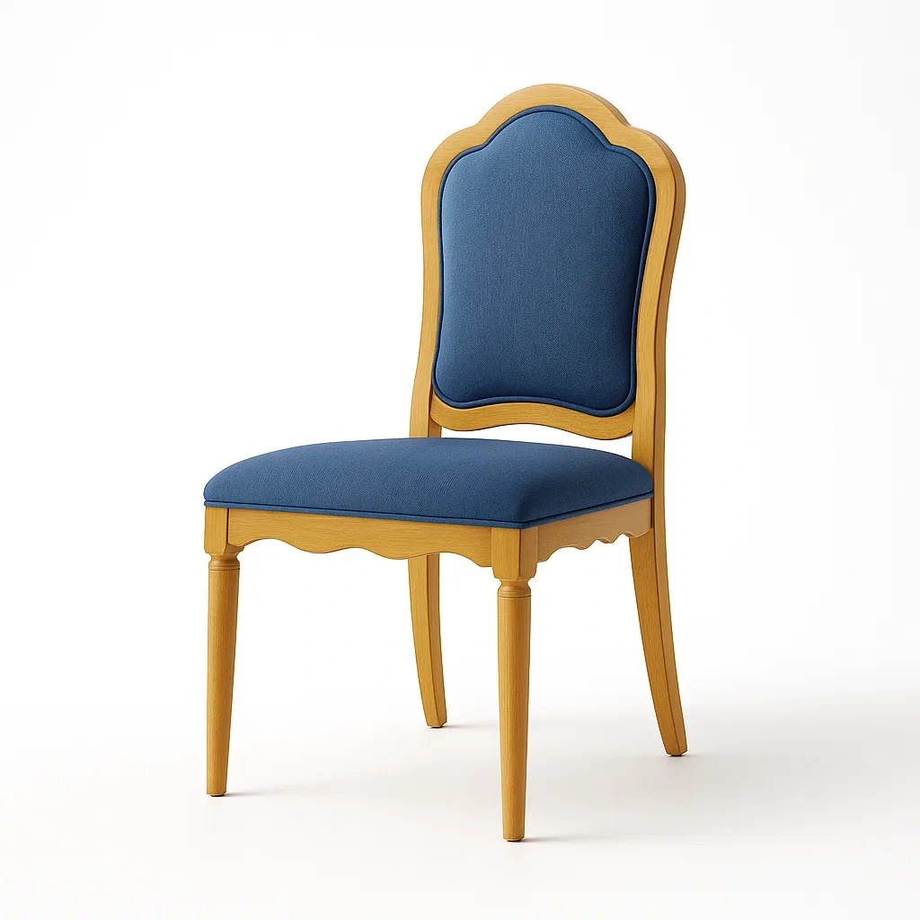 Sedia laterale in legno con rivestimento in tessuto blu