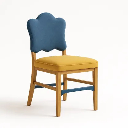 Sedia laterale in legno massello con schienale a forma di nuvola blu e giallo