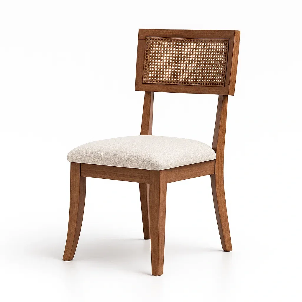 Sedia laterale in legno marrone con schienale in rattan e seduta in tessuto