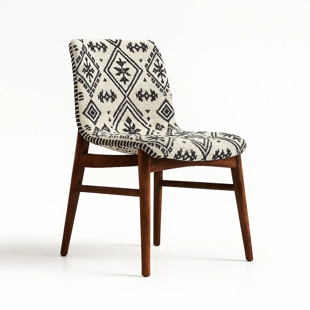 Sedia laterale in legno e poliestere con motivo geometrico