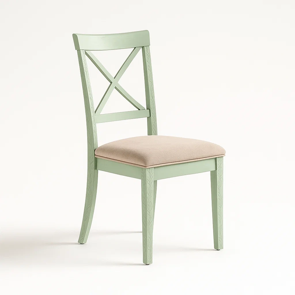 Sedia laterale in legno verde con seduta imbottita beige