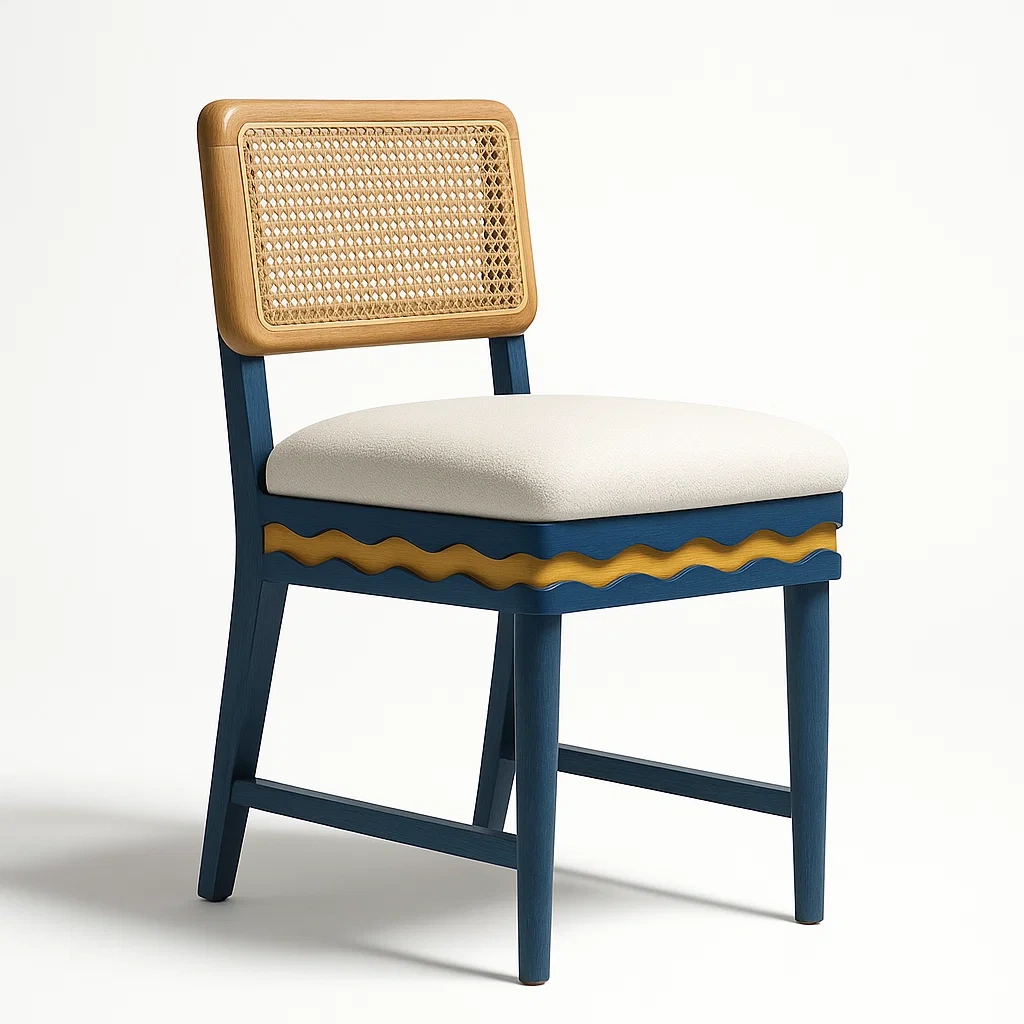 Sedia laterale in legno e rattan con seduta in tessuto crema