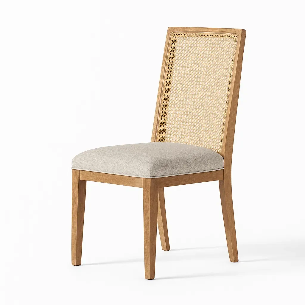 Sedia laterale in rovere con schienale in rattan e seduta in tessuto 45x55x90 cm