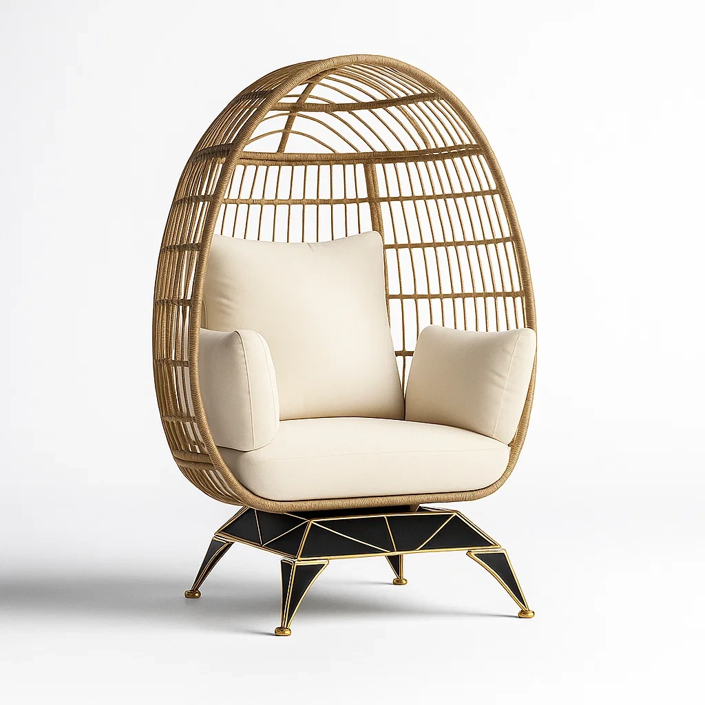 Poltrona a uovo in rattan e metallo con cuscini beige