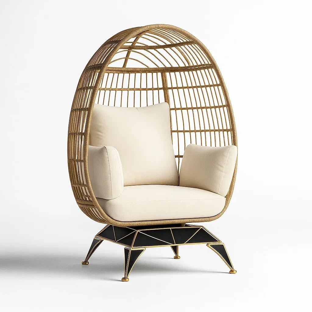 Poltrona a uovo in rattan e metallo con cuscini beige