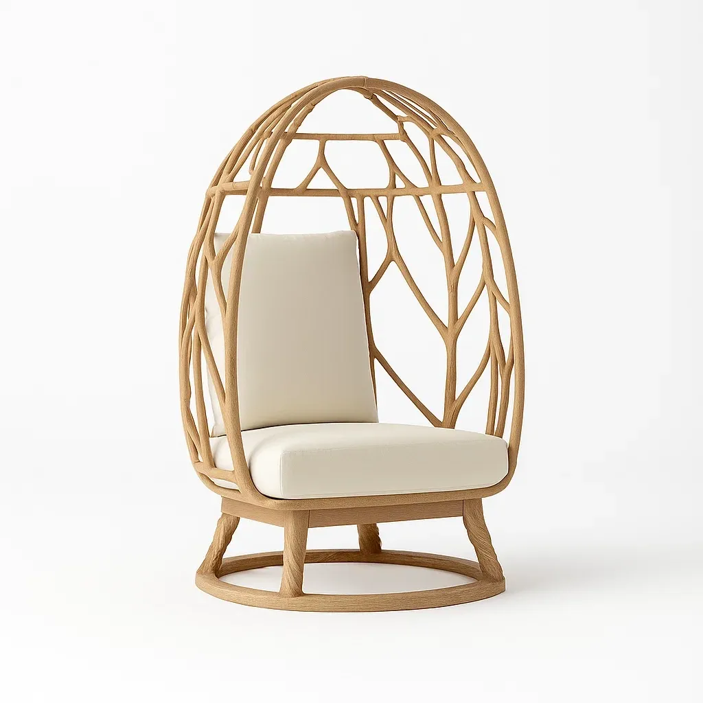 Poltrona a uovo in legno con cuscini bianchi 80x80x130 cm