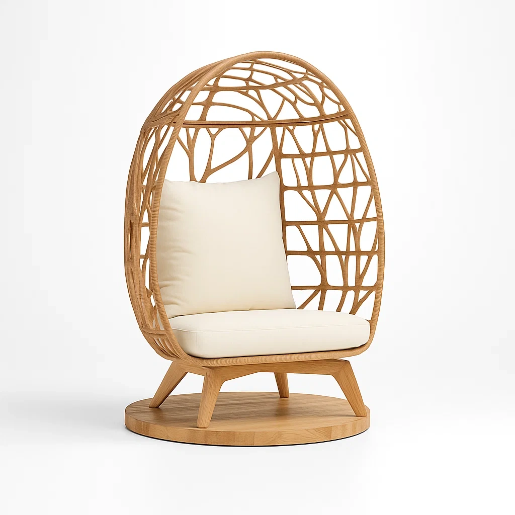 Poltrona a uovo in legno con rattan intrecciato e cuscini crema