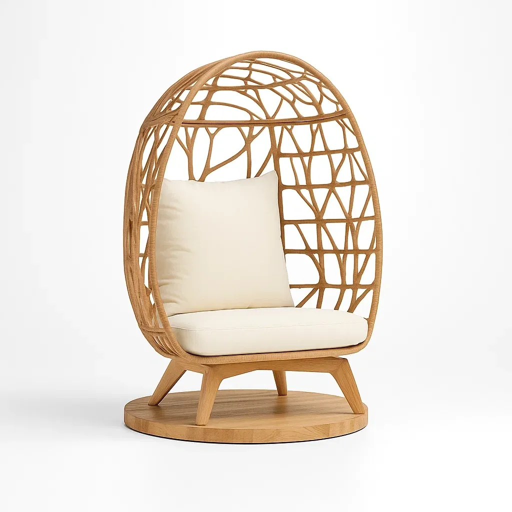 Poltrona a uovo in legno con rattan intrecciato e cuscini crema