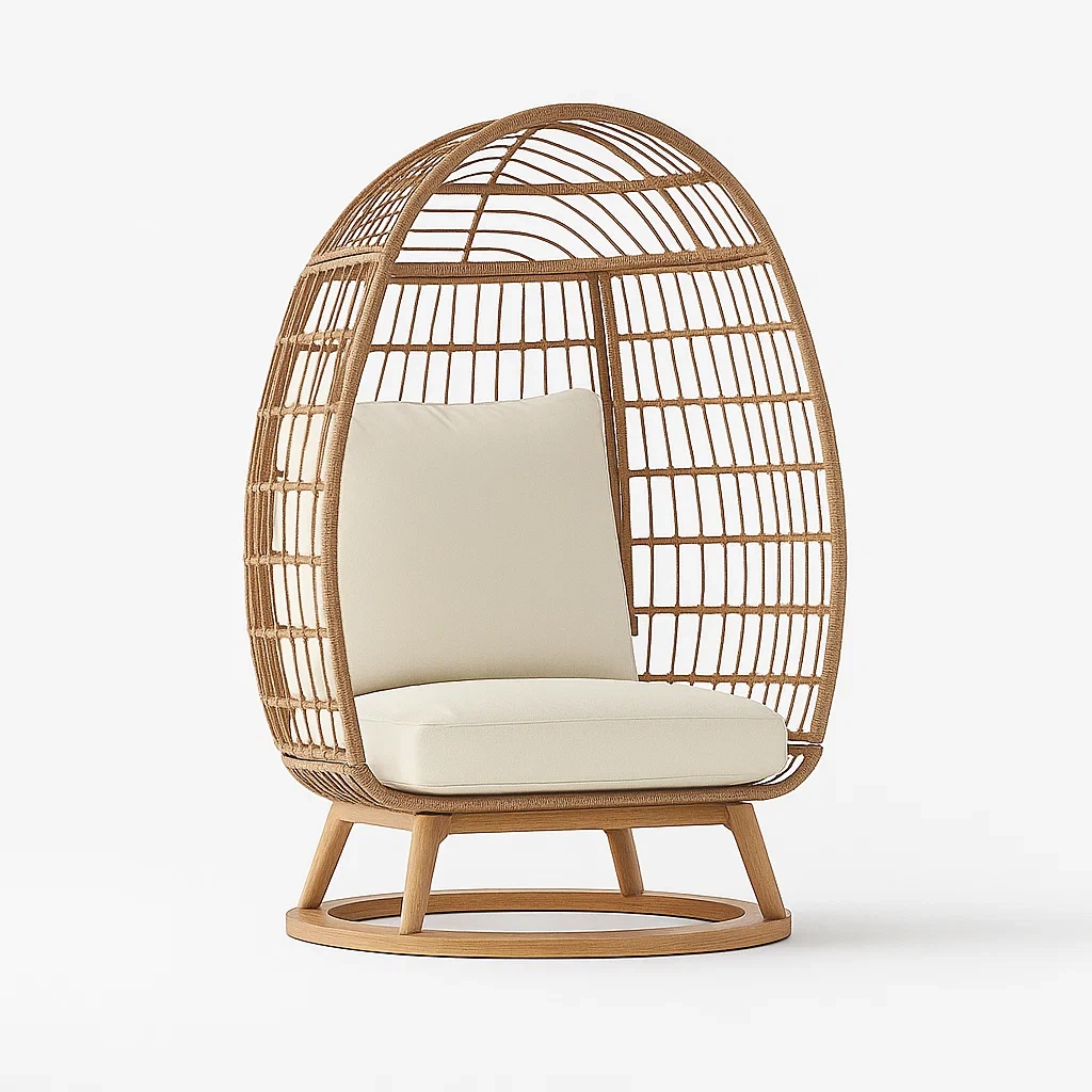 Poltrona a uovo in rattan con cuscini bianchi