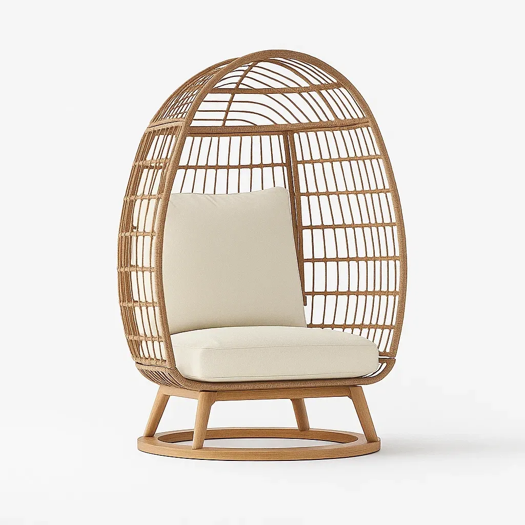Poltrona a uovo in rattan con cuscini bianchi