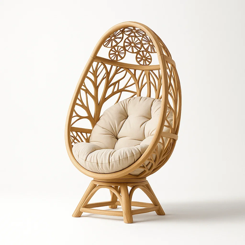 Poltrona a uovo in rattan con cuscino beige