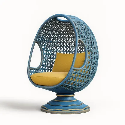 Poltrona a uovo in rattan blu rotante con cuscino giallo