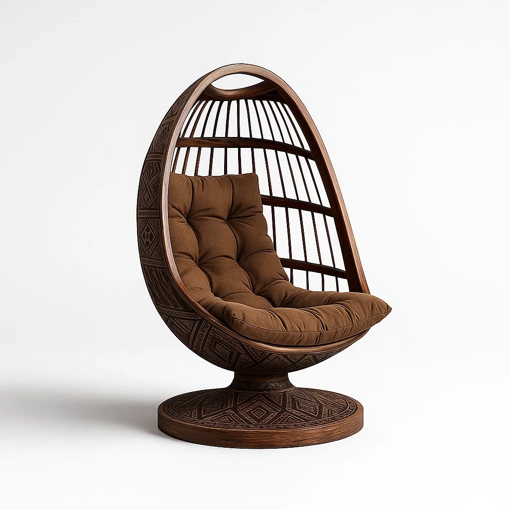 Poltrona a uovo in legno intagliato e tessuto marrone