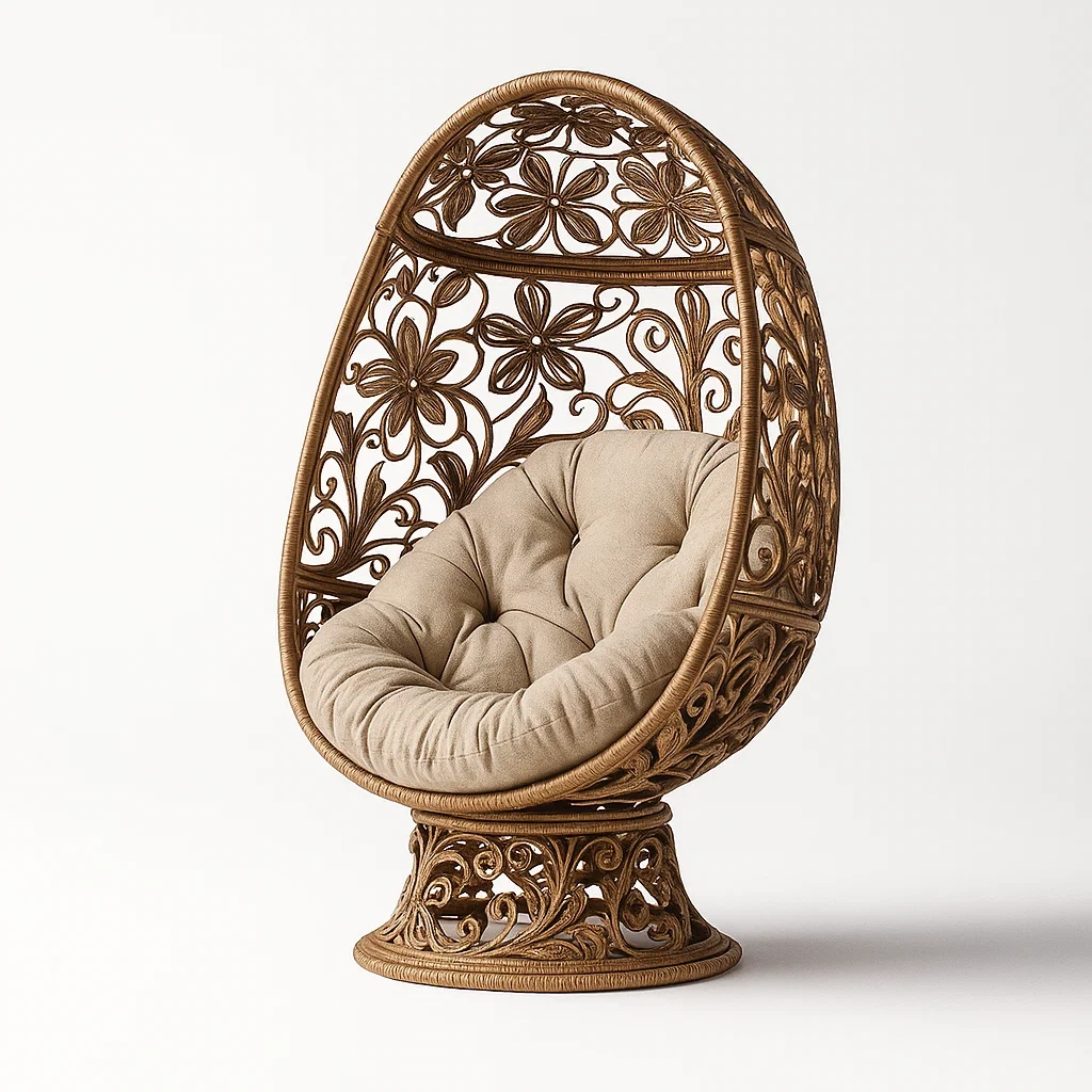 Poltrona a uovo in rattan intrecciato con cuscino beige