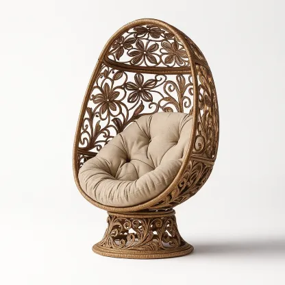 Poltrona a uovo in rattan intrecciato con cuscino beige