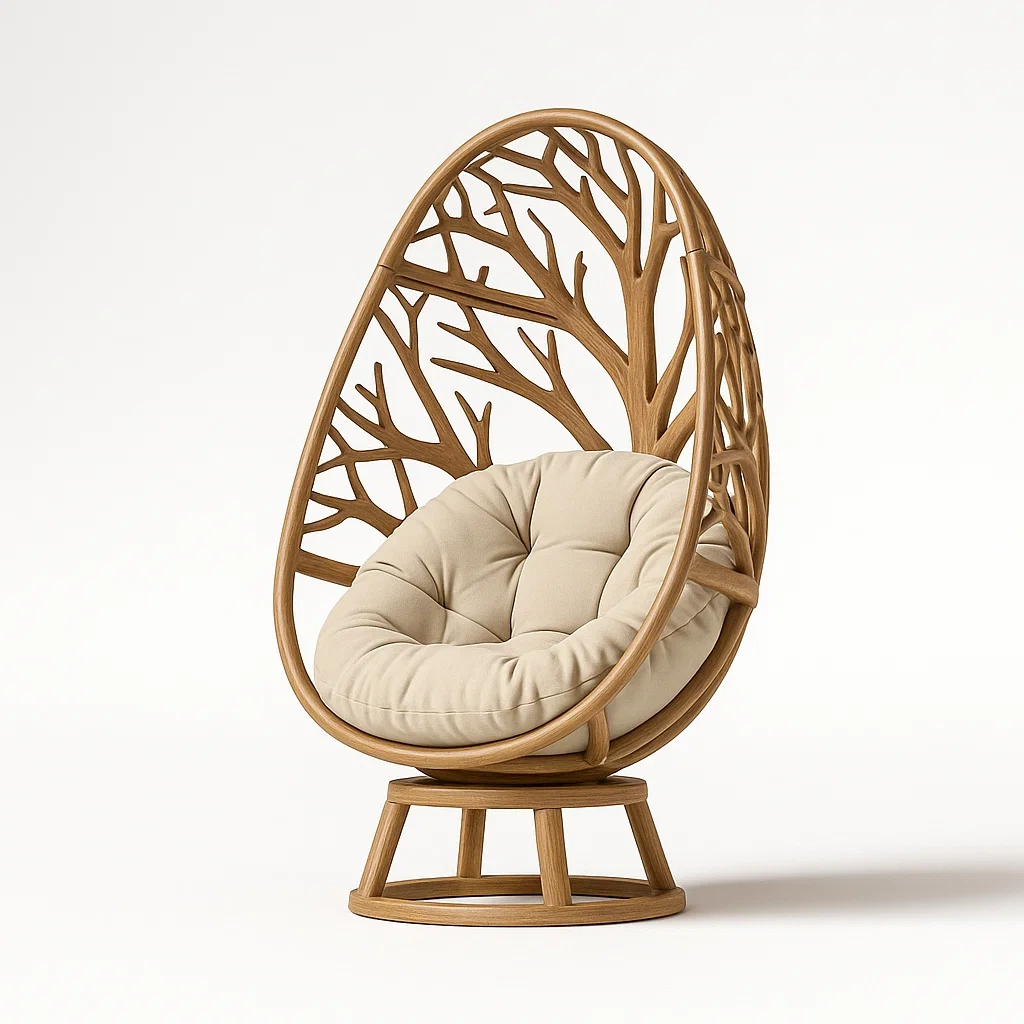 Poltrona a uovo in legno con cuscino crema rotante
