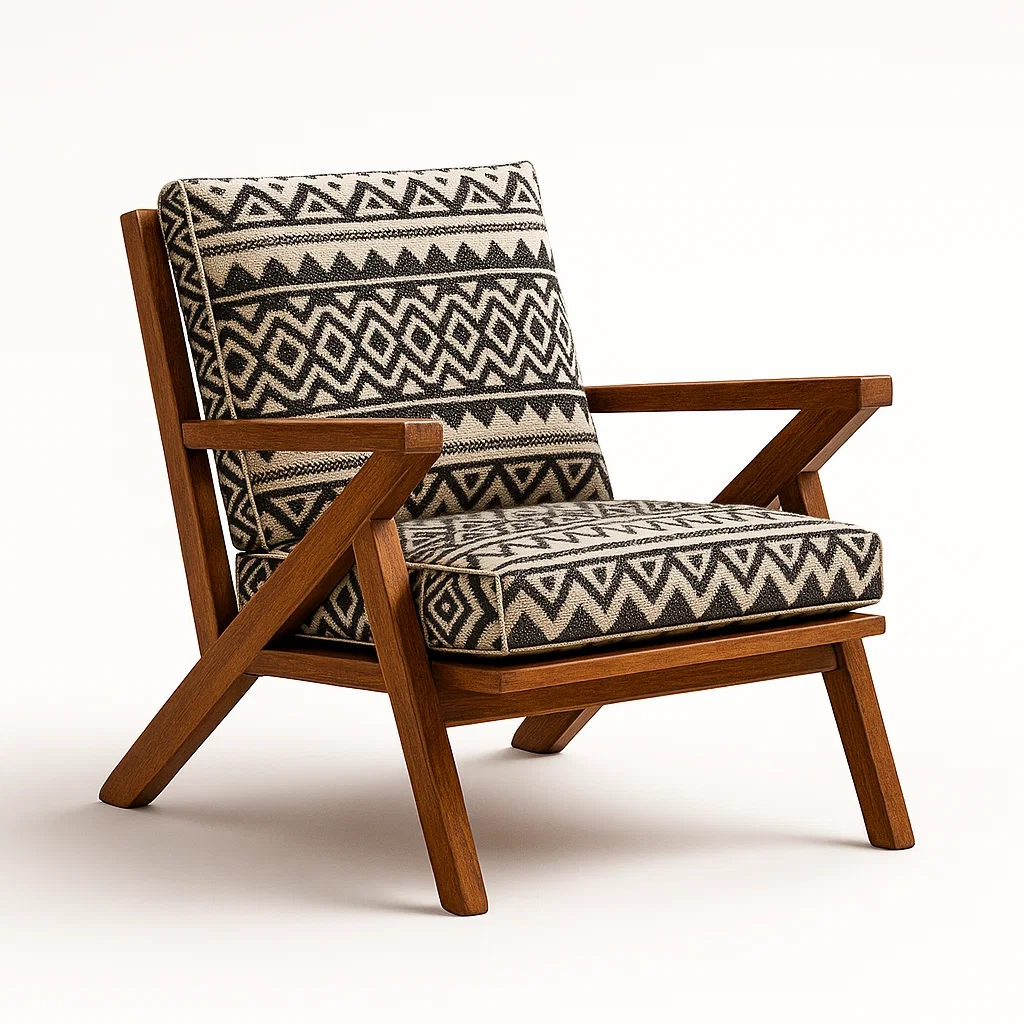 Sedia con braccioli in legno con cuscini geometrici bianchi e neri