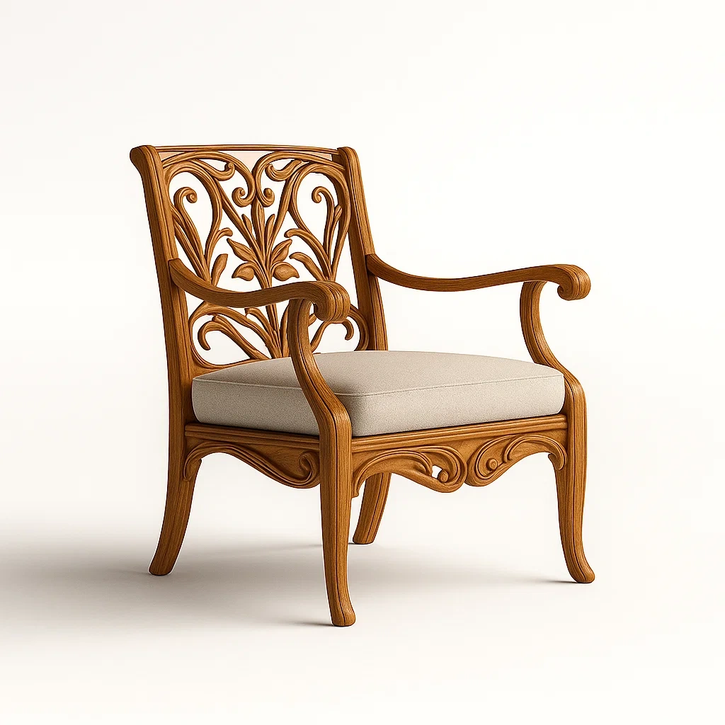 Sedia con braccioli in legno intagliato con seduta imbottita beige