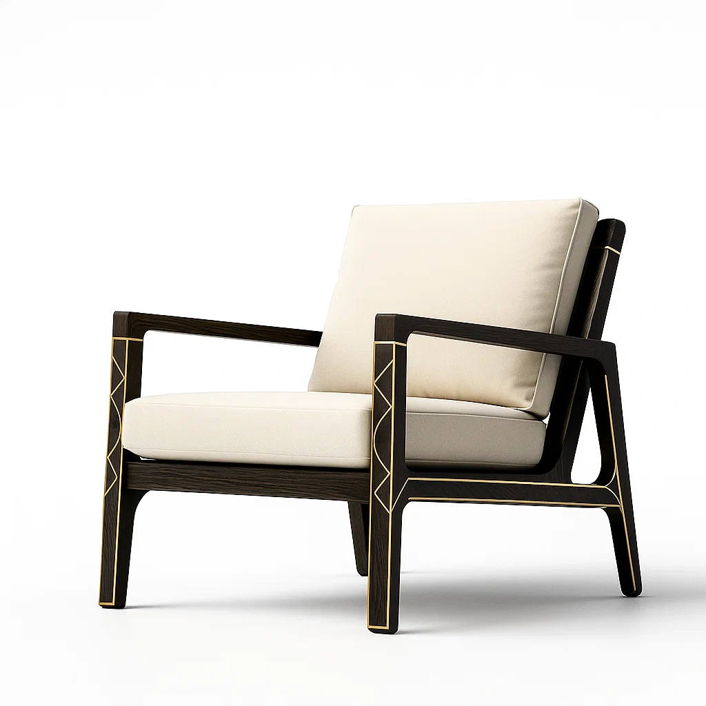 Sedia con braccioli in legno scuro con cuscini crema