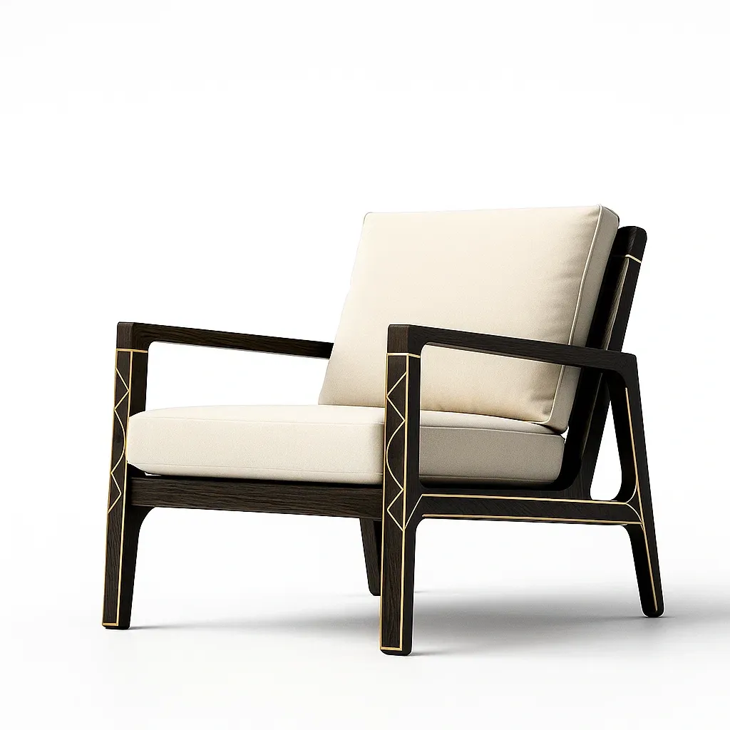 Sedia con braccioli in legno scuro con cuscini crema