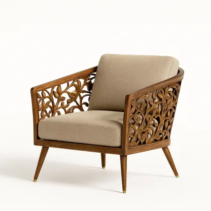 Sedia con braccioli in legno intagliato e tessuto beige