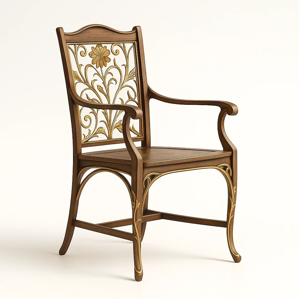 Sedia con braccioli in legno intagliato con design floreale marrone